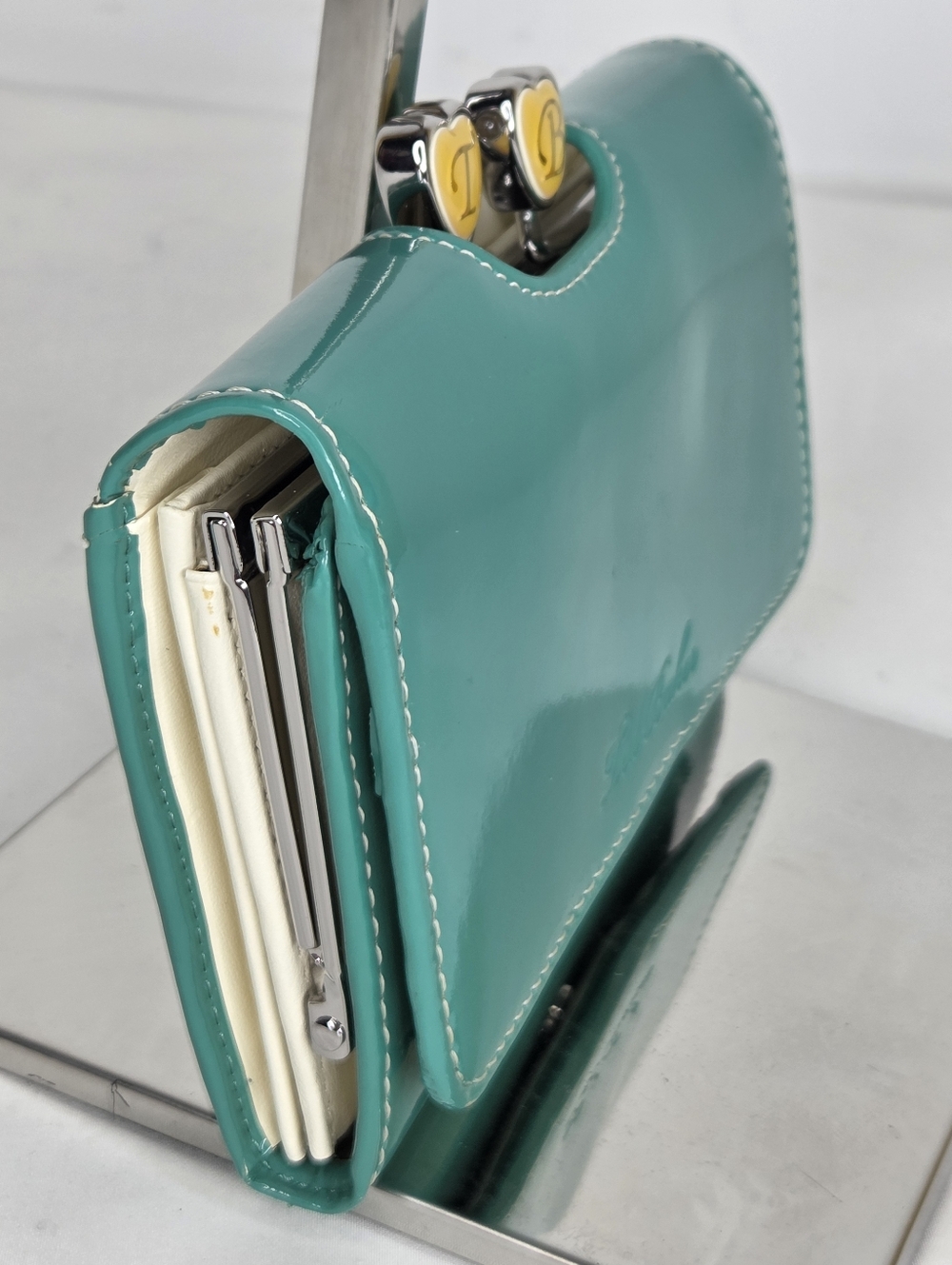 Ted Baker Turquoise Patent Leather Zip Wallet withSilver Accents/Floral Interior - Picture 4 of 14